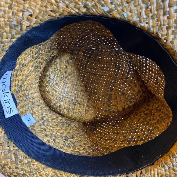 Vintage Makin New York Tan Woven Fedora straw hat and ribbon trim size L